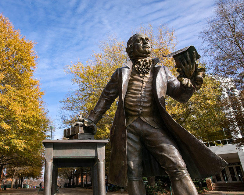 Bronze statue of George Mason on the campus of George Mason University, Fairfax Virginia. 